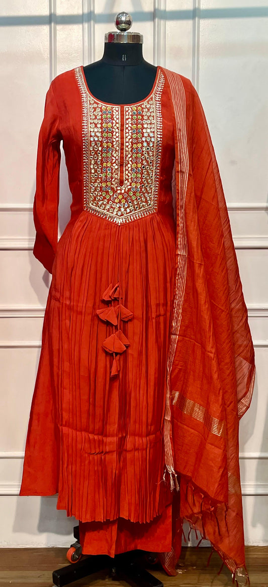 Terracotta Glow Premium Mull Chanderi Embellished A-Line Suit Set (RT1207)
