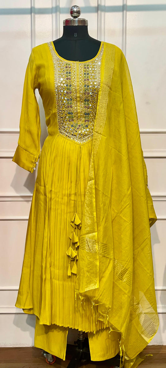 Sunlit Mustard Premium Mull Chanderi Embellished A-Line Suit Set (RT1206)