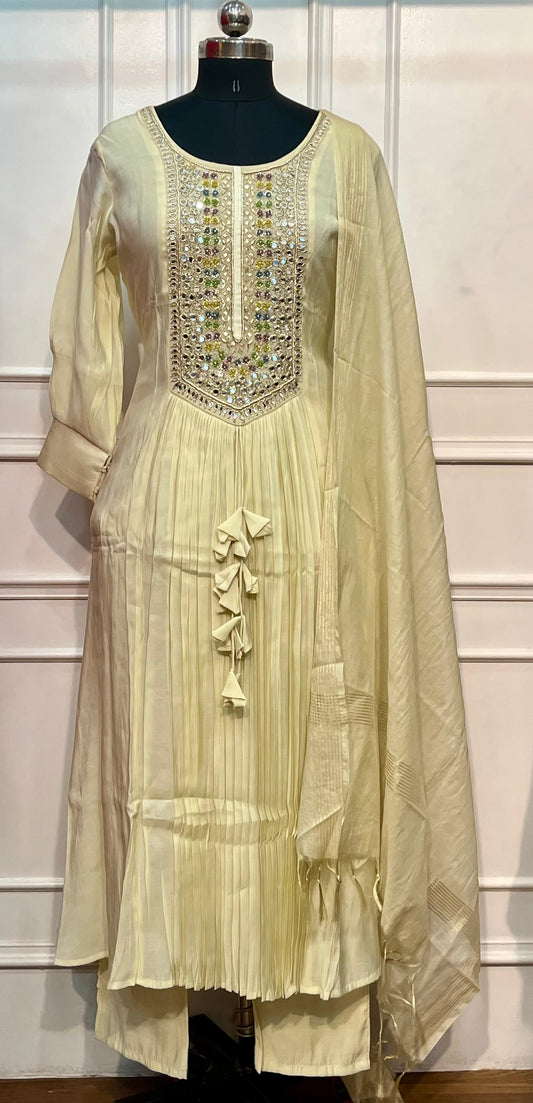 Ivory Pearl Premium Mull Chanderi Embellished A-Line Suit Set (RT1204)