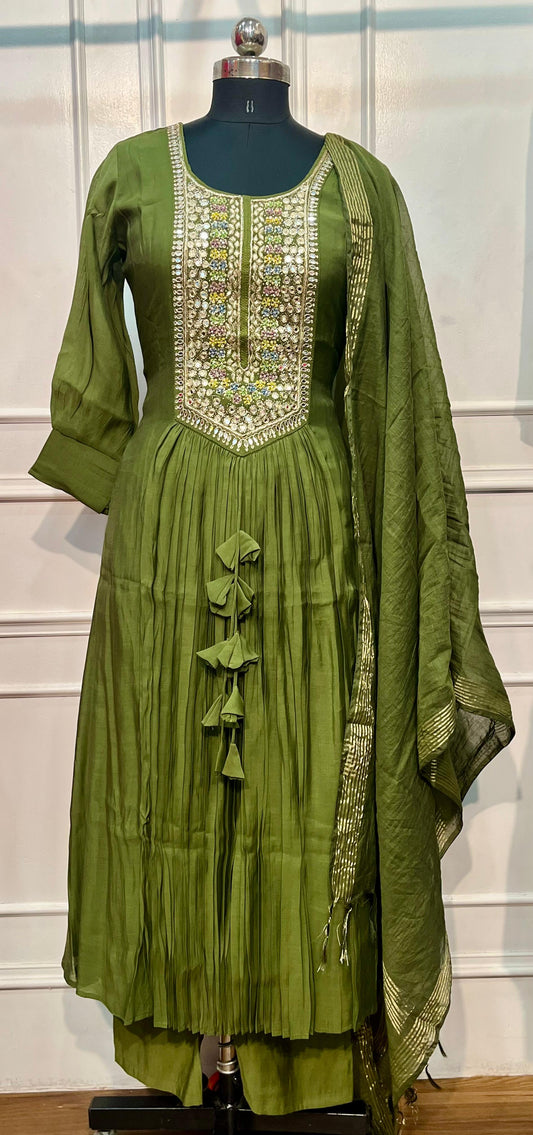 Verdant Aura Premium Mull Chanderi Embellished A-Line Suit Set (RT1203)