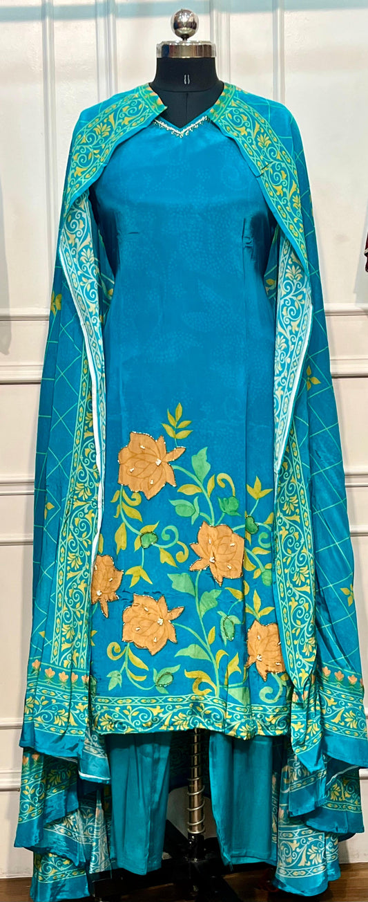 Turquoise Bloom Butter Crepe Cape Suit Set (RT1216)