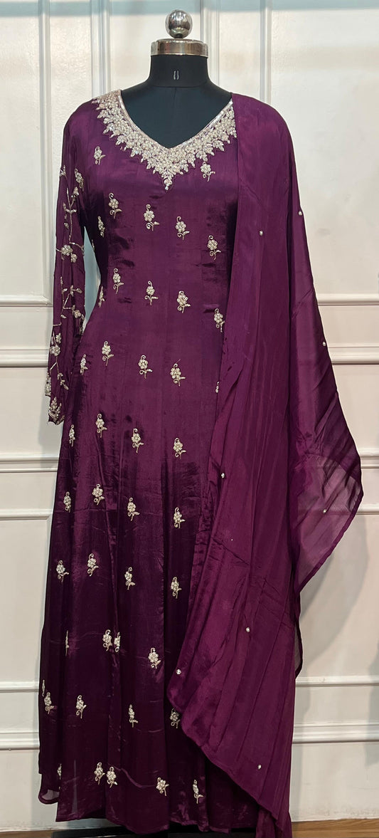 Plum Majesty Chinon Embroidered Anarkali Suit Set (RT1221)