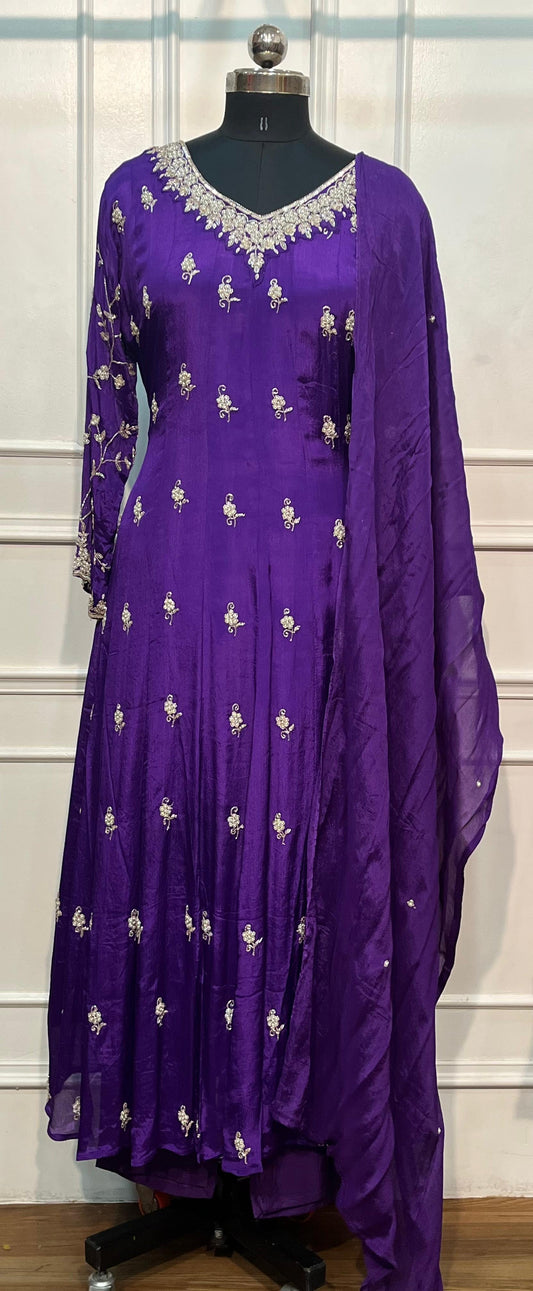 Royal Violet Chinon Embroidered Anarkali Suit Set (RT1220)