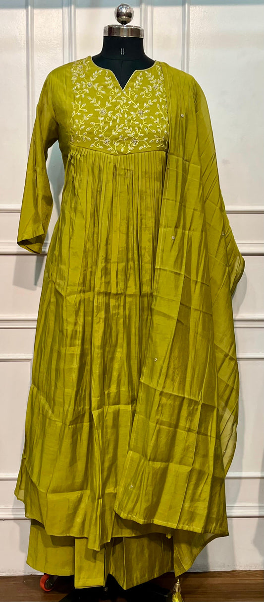 Olive Bloom Mull Chanderi Embroidered 3 Piece Suit Set (RT1226)