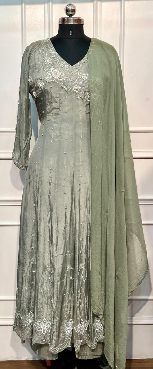 Silver Sage Chinon Embroidered Anarkali Suit Set (RT1230)