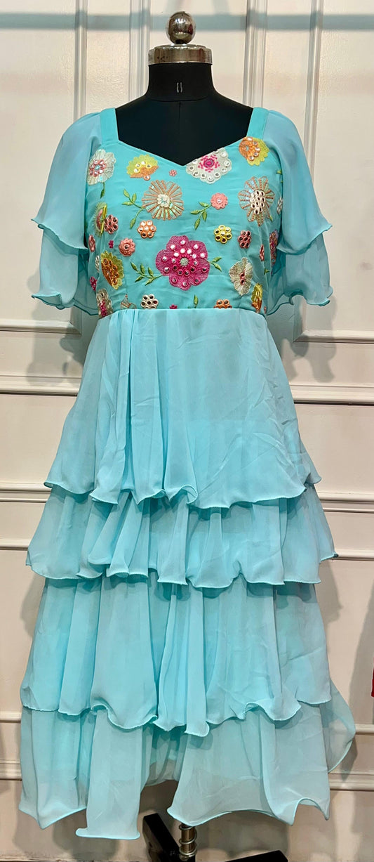Aqua Bloom Georgette Embroidered Tiered Gown (RT1232)