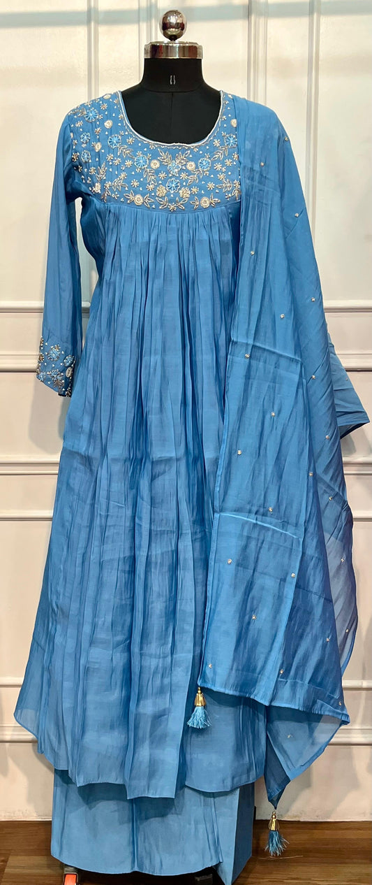 Bluebell Elegance Mull Chanderi Embroidered Anarkali Suit Set (RT1233)