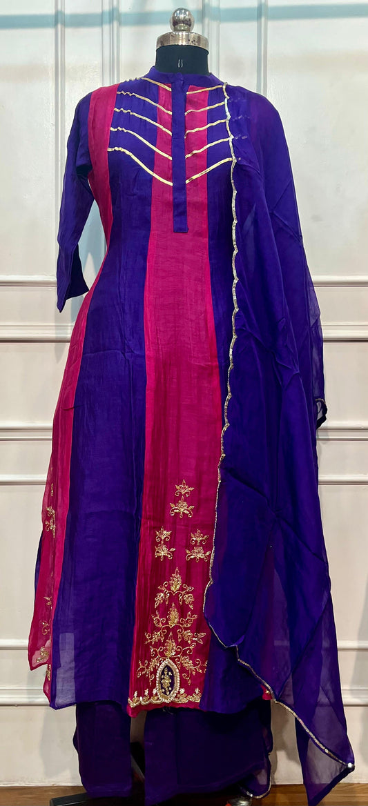 Royal Fuchsia Mull Chanderi Embroidered A-Line Suit Set (RT1255)