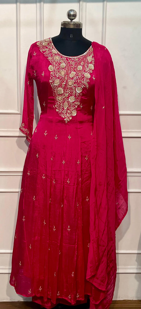 Fuchsia Blossom Chinon Embroidered Anarkali Suit Set (RT1251)