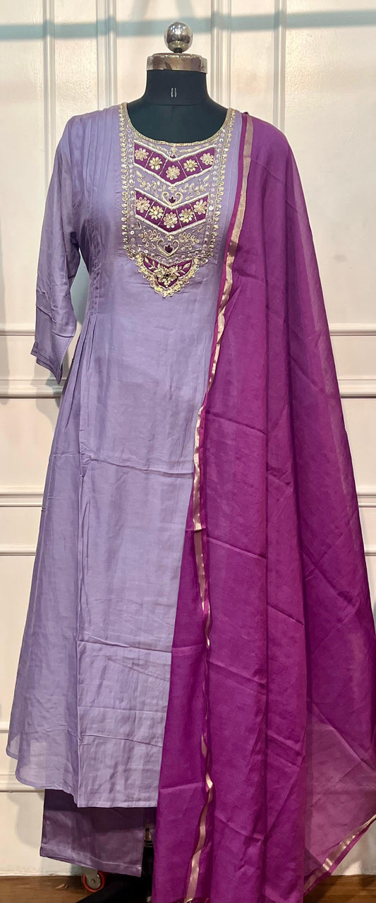 Lavender & Plum Embroidered Mull Chanderi Anarkali Set (RT1258)