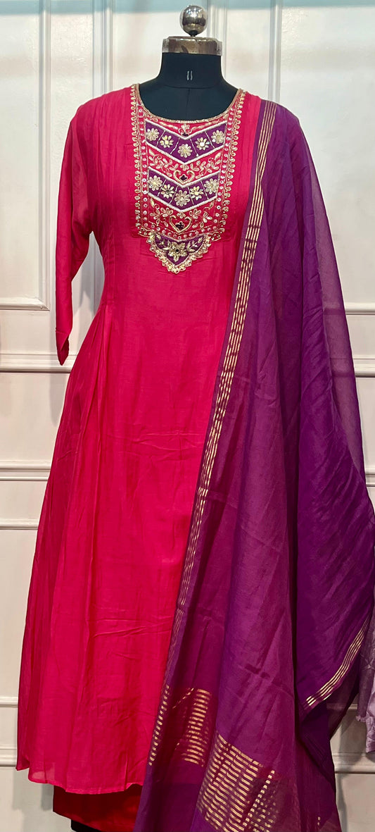 Fuchsia Pink & Royal Purple Embroidered Mull Chanderi Anarkali Set (RT1257)