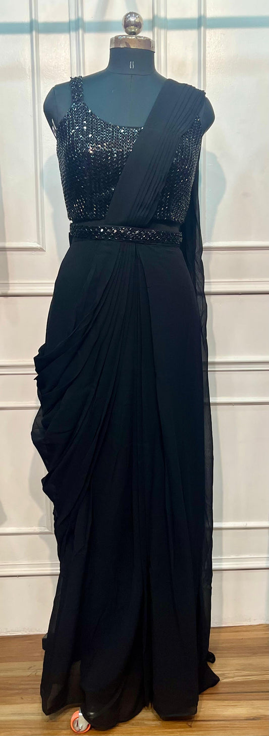Classic Black Sequin Silk One Minute Saree (RT1260)
