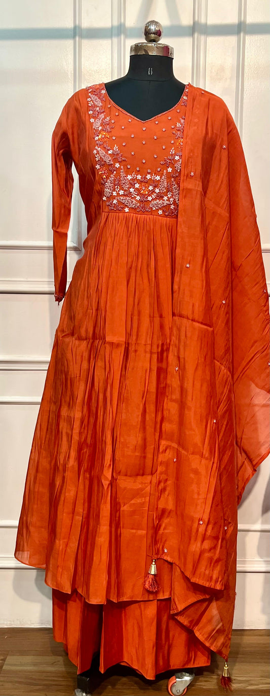 Sunset Orange Embroidered Mull Chanderi Suit Set (RT1271)
