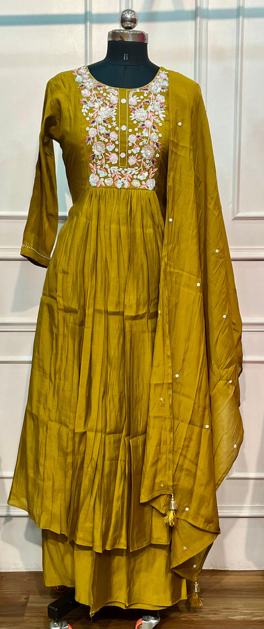 Olive Mustard Floral Embroidered Mull Chanderi Anarkali Set (RT1267)