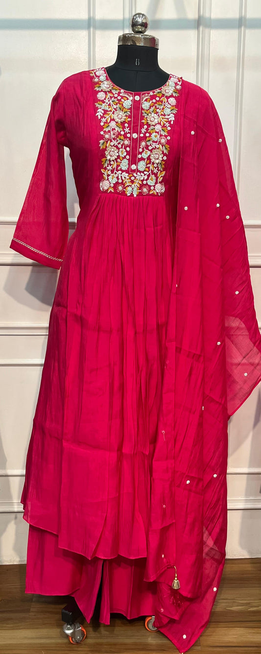 Rani Pink Floral Embroidered Mull Chanderi Anarkali Set (RT1269)