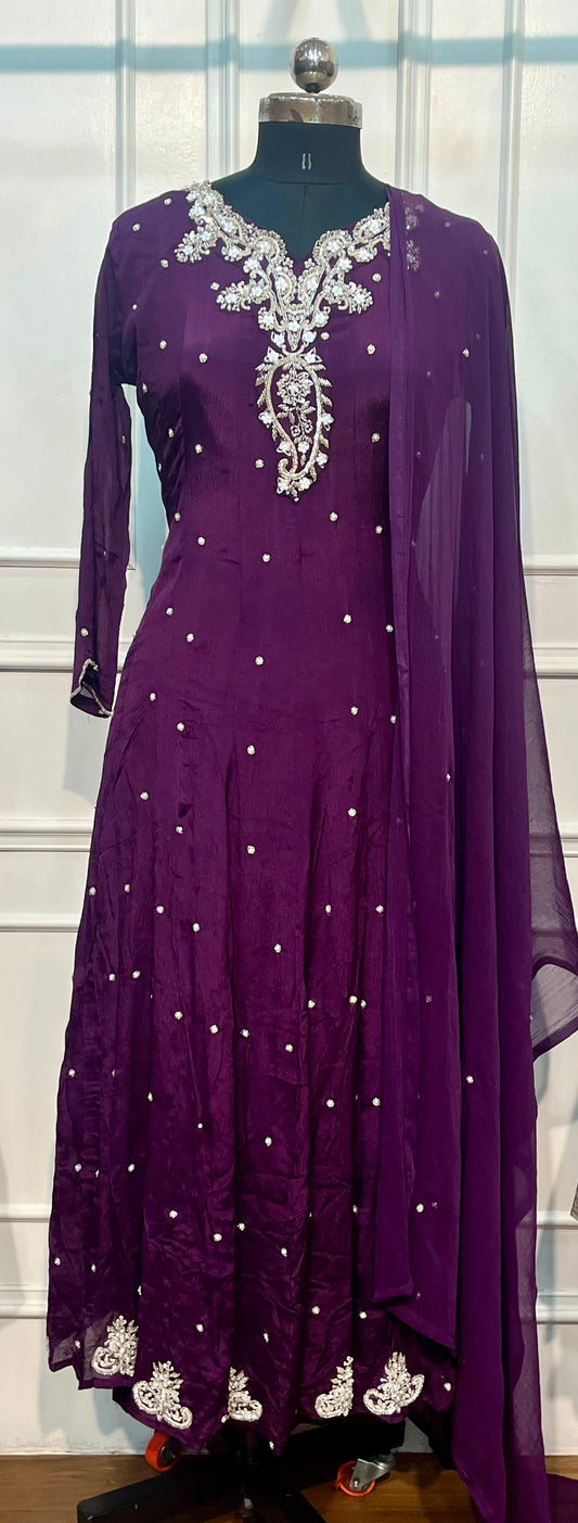 Wine Chinon Embroidered Anarkali Suit Set (RT1274)