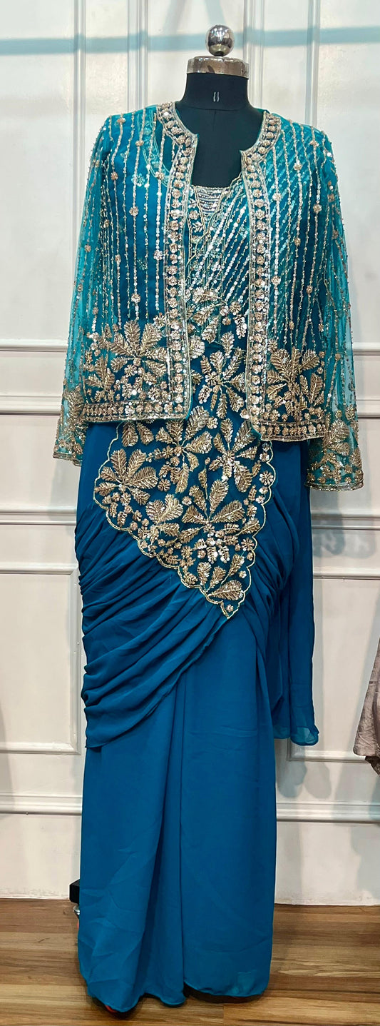 Peacock Blue Georgette Premium One Minute Saree (RT1277)