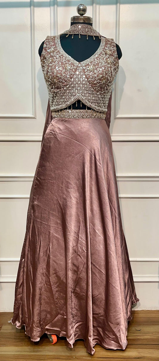 Majestic Dusty Mauve Metallic Embroidered Lehenga Choli Set with Organza-Style Dupatta (RT1285)