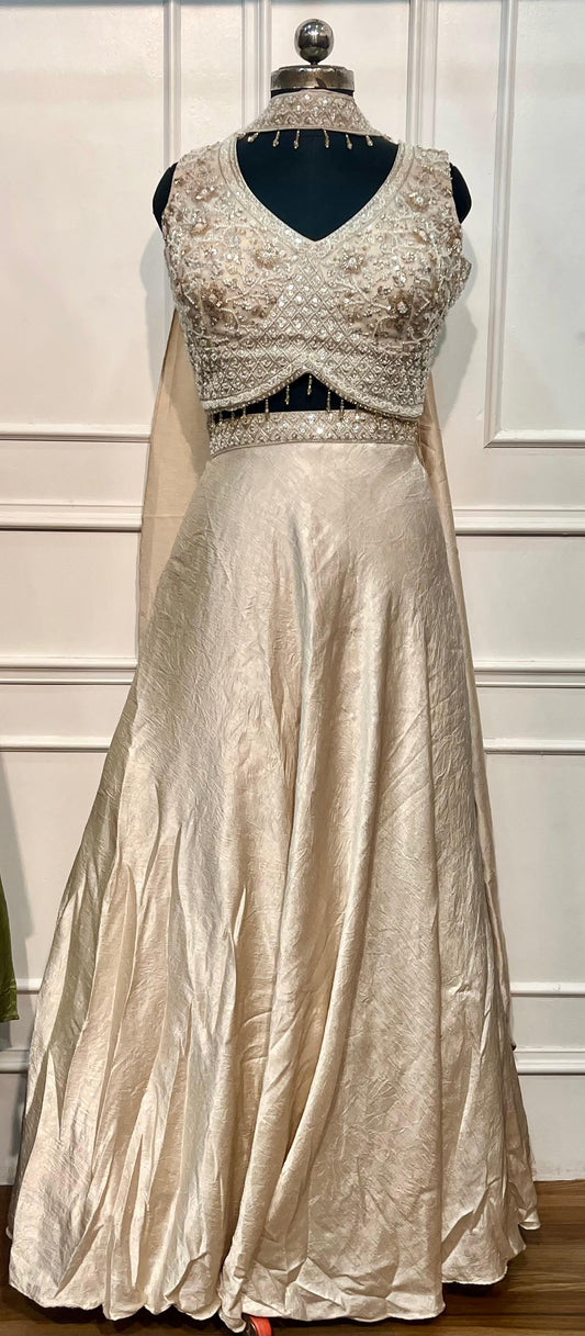 Regal Ivory Pearl Embroidered Jacquard Lehenga Choli with Sheer Embellished Dupatta (RT1284)