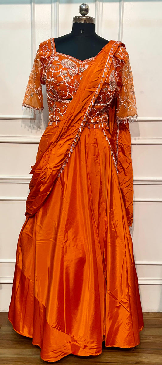 Vibrant Sunset Orange Embroidered Satin Lehenga Set with Draped Dupatta (RT1298)