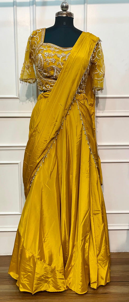 Regal Golden Mustard Embroidered Satin Lehenga Set with Draped Dupatta (RT1299)