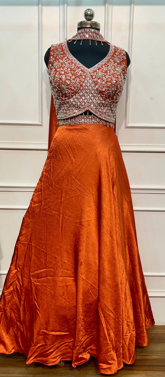 Royal Burnt Orange Embroidered Brocade Lehenga Choli Set with Sheer Dupatta (RT1283)