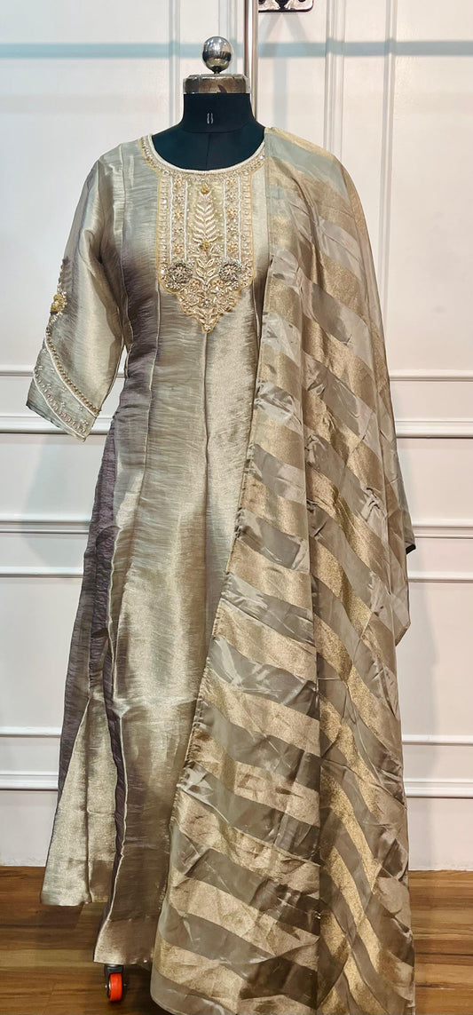 Champagne Sage Embroidered Salsa Kurta Set with Woven Dupatta (RT1311)