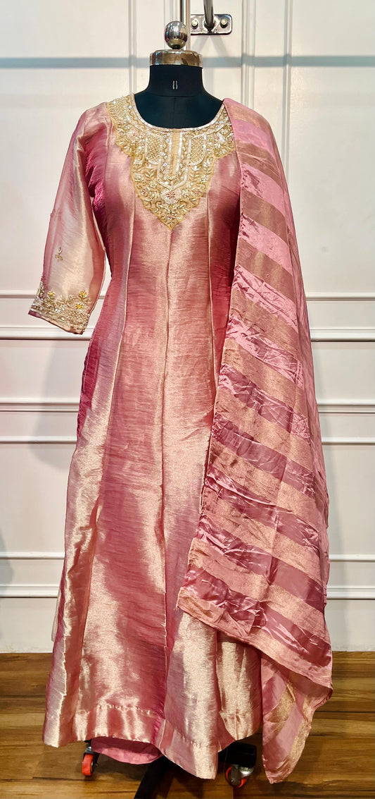 Blush Pink Salsa Silk Embroidered Anarkali Set with Striped Dupatta (RT1312)