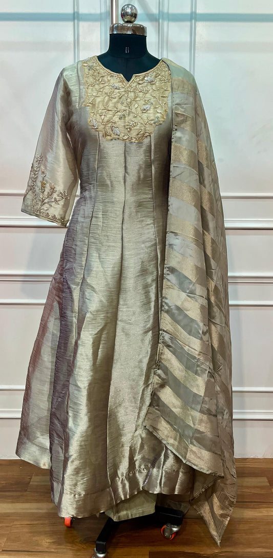 Champagne Grey Salsa Silk Embroidered Anarkali Set with Striped Dupatta(RT1313)
