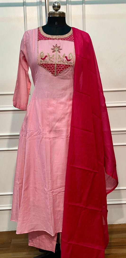 Baby Pink Embroidered Mull Chanderi A-Line Suit Set (RT1325)