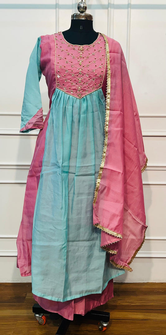 Aqua Blue & Pink Floral Embroidered Mull Chanderi A-Line Suit Set (RT1332)