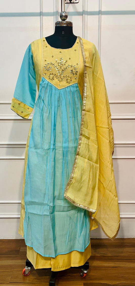 Aqua Blue & Yellow Embroidered Mull Chanderi A-Line Suit Set (RT1329)