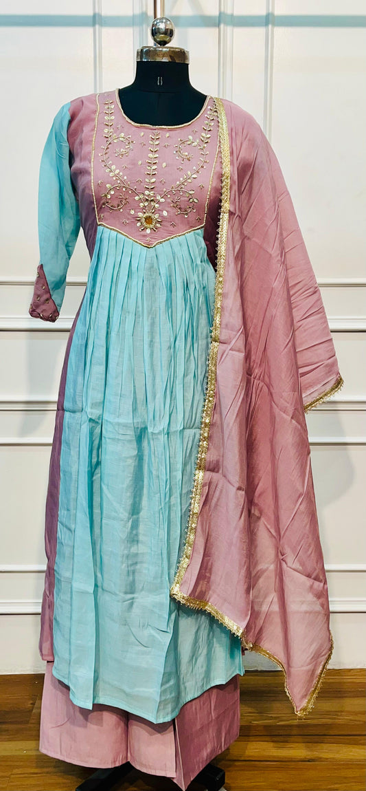 Rose Aqua Blossom Mull Chanderi Embroidered Anarkali Suit Set (RT1336)