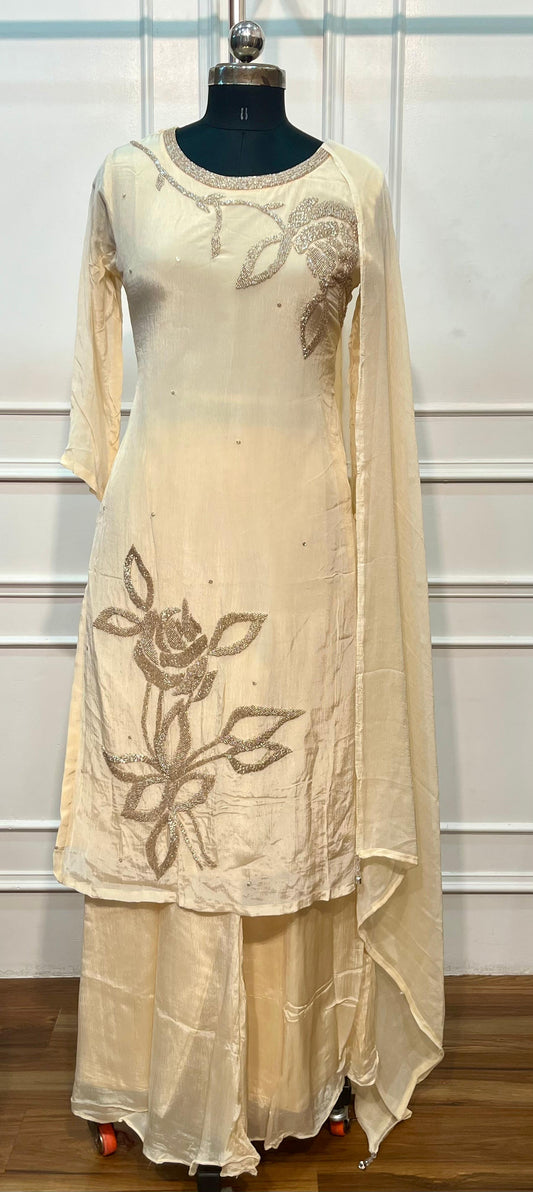 Soft Ivory Floral Embroidered Chinon Sharara Suit Set (RT1354)