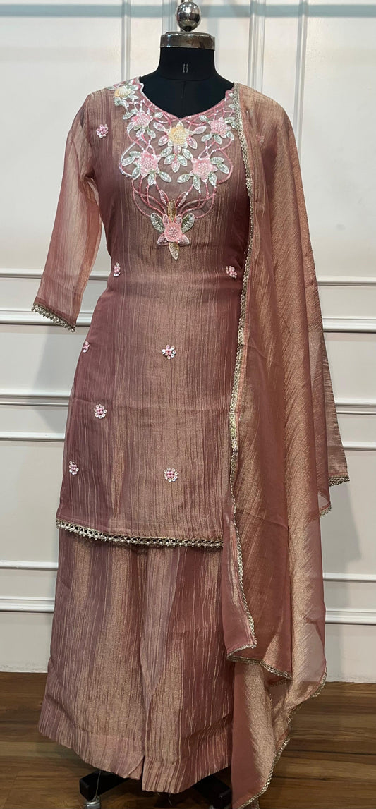Dusty Mauve Floral Charm Embroidered Palazzo Suit Set (RT1359)