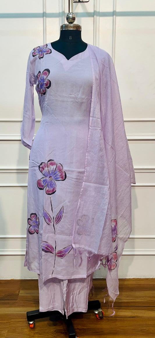 Dusty Lavender Floral Mull Chanderi Suit Set (RT1363)