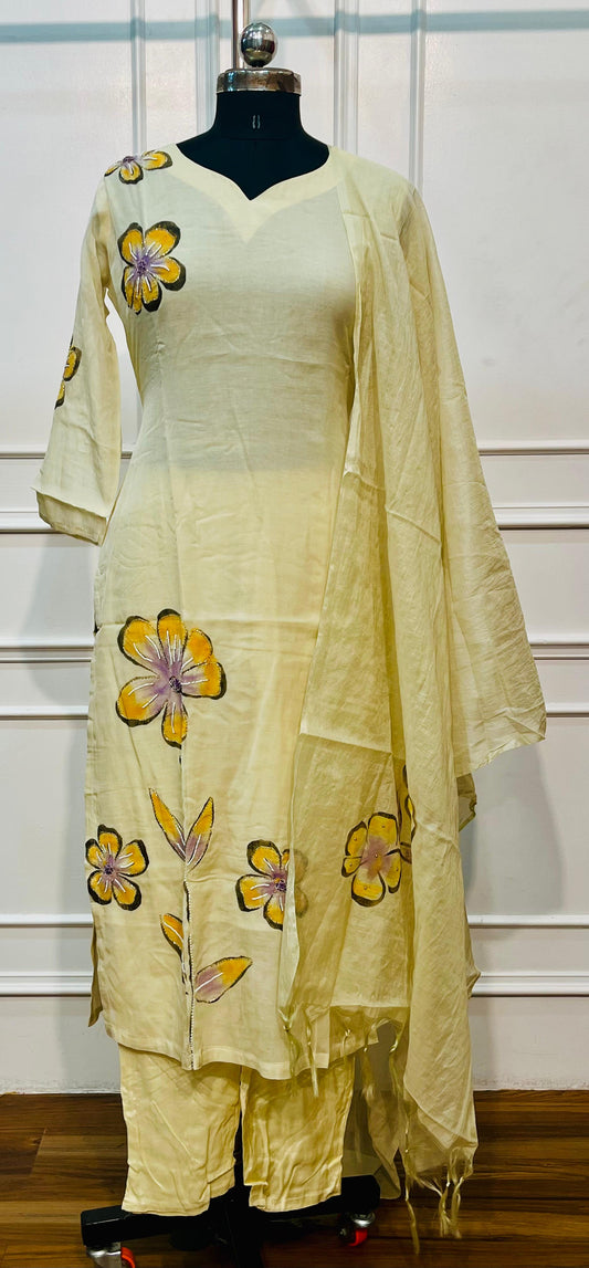 Soft Yellow Floral Mull Chanderi Suit Set (RT1364)