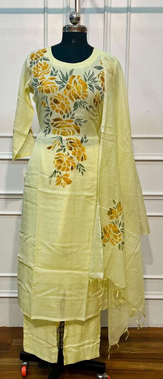 Sunshine Yellow Botanical Print Mull Chanderi A-Line Suit Set with Dupatta (RT1370)