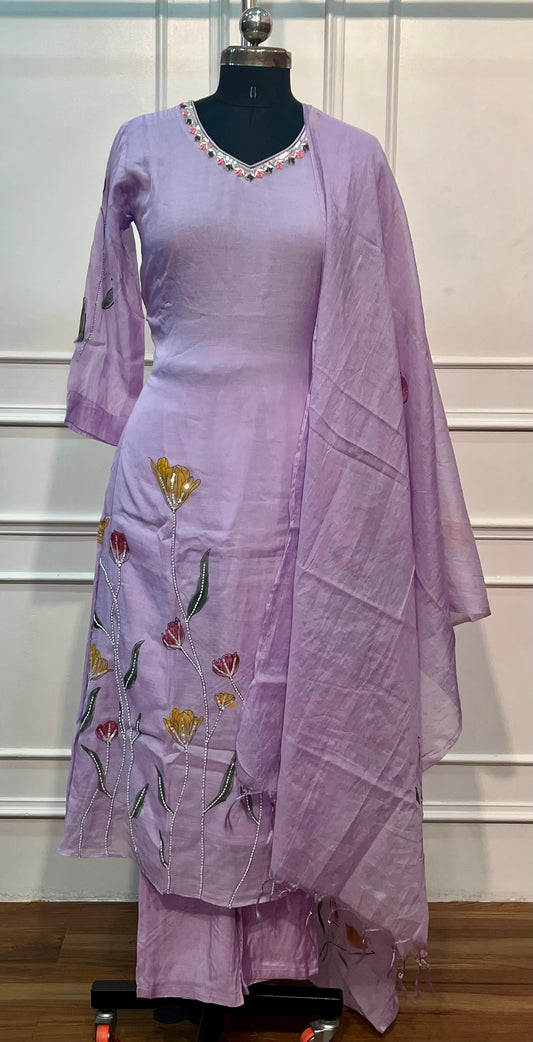 Lavender Floral Embroidered Mull Chanderi A-Line Suit Set with Dupatta (RT1366)