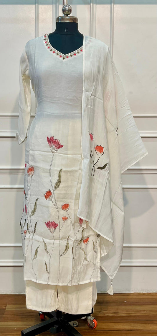 Pearl White Floral Elegance 3-Piece Suit Set (RT1372)