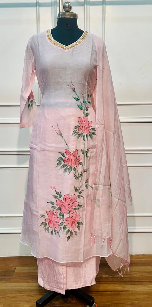 Blush Floral Premium Mull Chanderi Embroidered Suit Set (RT1376)