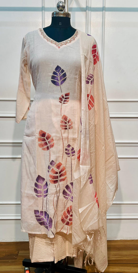 Ivory Leaf Garden Mull Chanderi Suit Set (RT1379)
