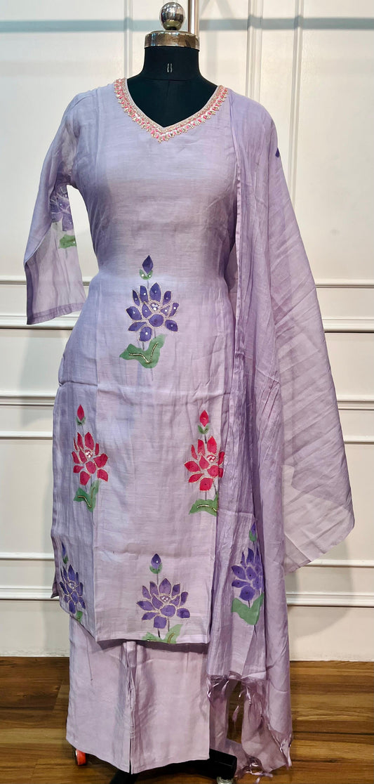 Lavender Bloom Floral Embroidered Mull Chanderi Suit Set (RT1388)