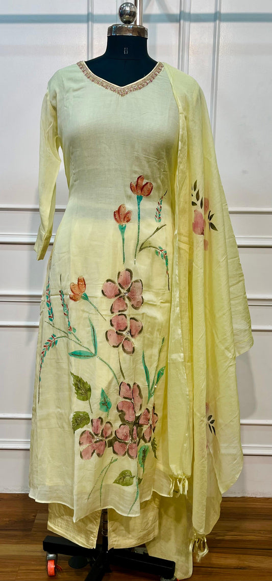 Lime Blossom Floral Embroidered Mull Chanderi Suit Set (RT1390)