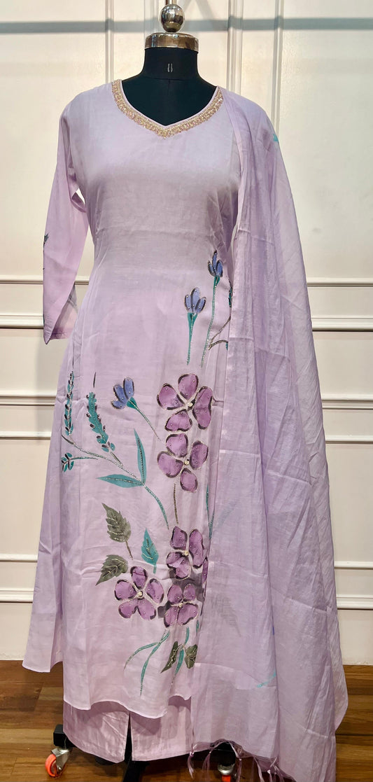 Lavender Garden Floral Embroidered Mull Chanderi Suit Set (RT1391)