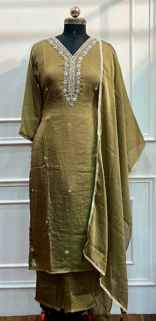 Olive Green Embroidered Imported Fabric 3-Piece Straight Cut Set (RT1401)