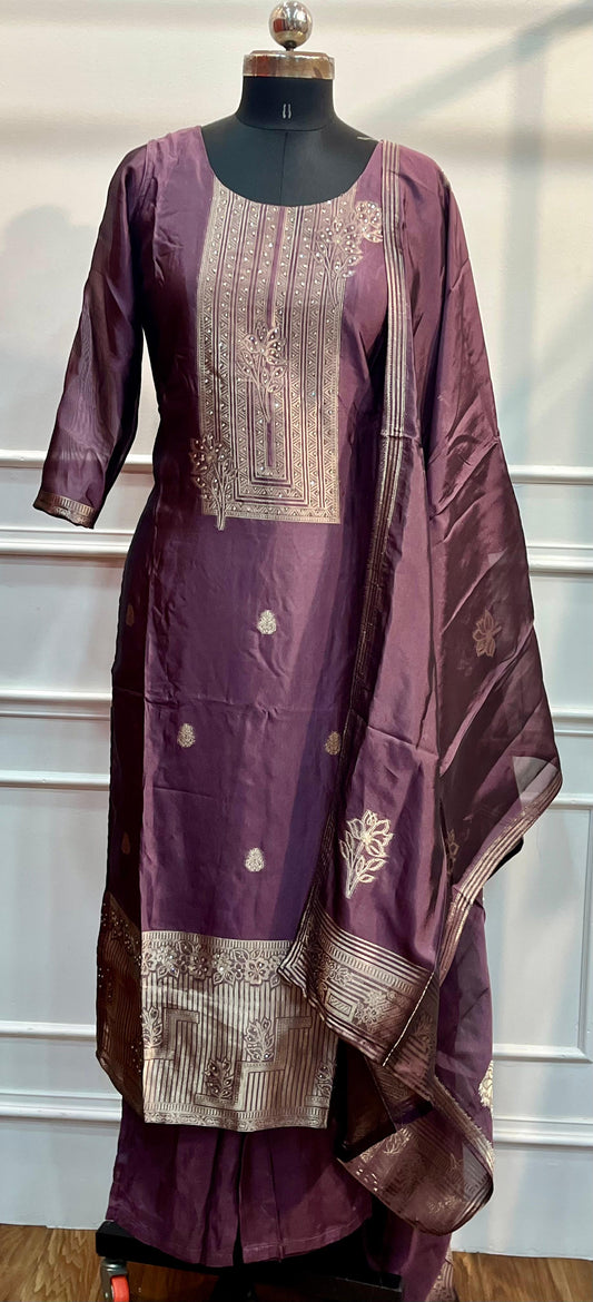 Plum Purple Embroidered Chanderi Tissue Silk 3-Piece Straight Cut Set (RT1403)