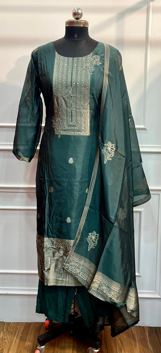 Teal Blue Embroidered Chanderi Tissue Silk 3-Piece Straight Cut Set (RT1402)