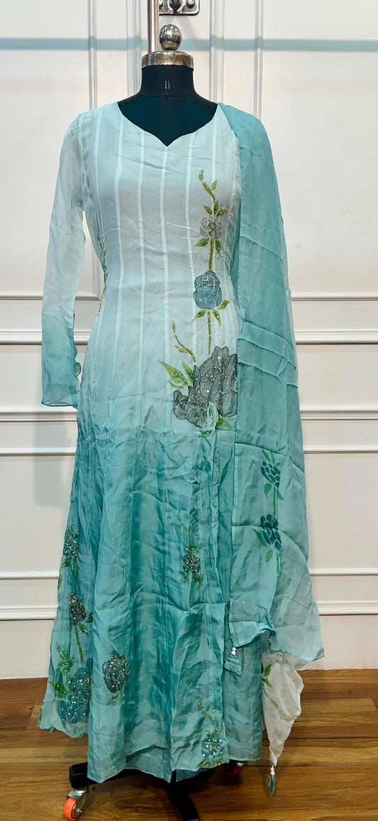 Aqua Bloom Premium Organza Embroidered Suit Set (RT1415)