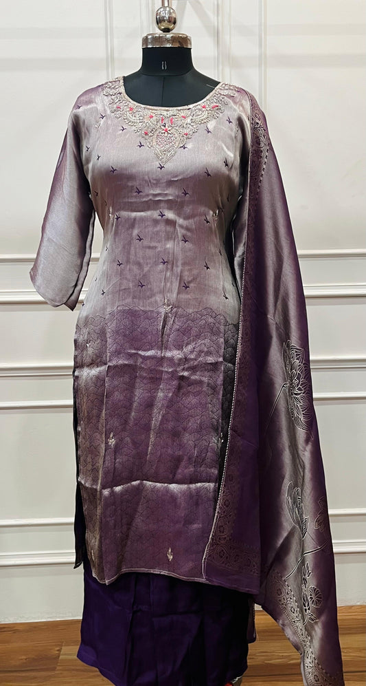 Plum Mist Tissue Embroidered Suit Set (RT1421)